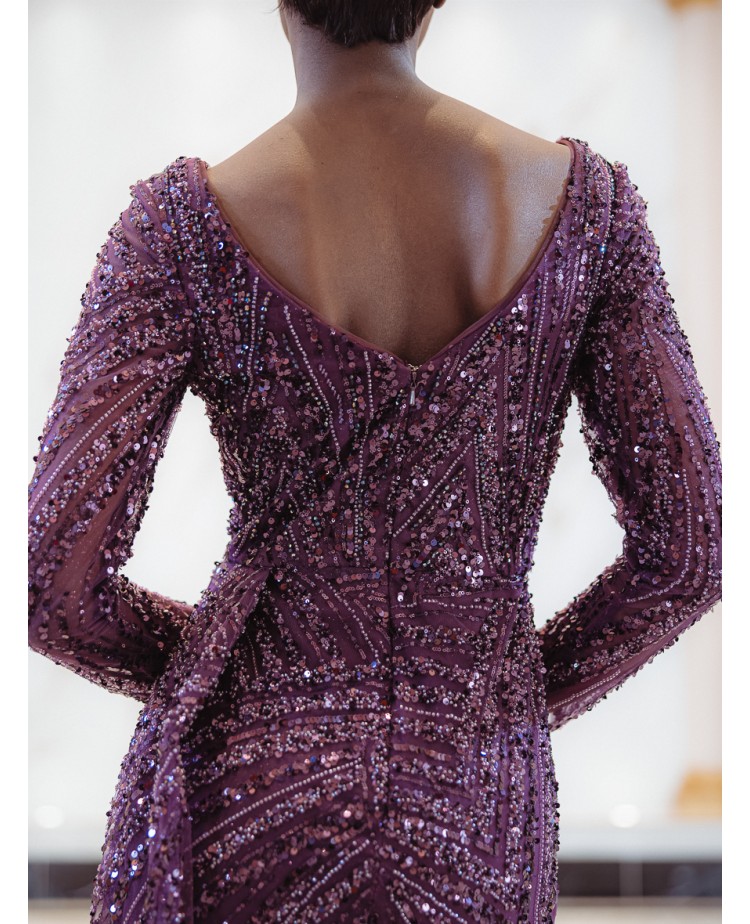 Robe longue fourreau violet manche longue sequin et perles