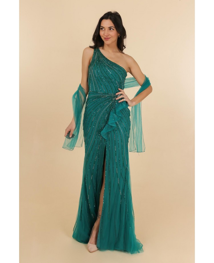 Robe De Soirée Verte Adrianna Papell - Une Épaule à Volants - Taille 12 - Neuf Avec Étiquettes