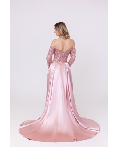 Robe de cocktail manches longues avec sur-jupe rose Promarried