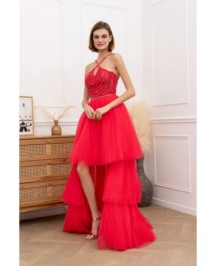 Robe de cocktail Rouge Asymétrique avec le jupon en tulle