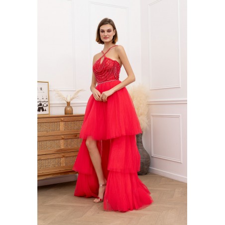 Robe de cocktail Rouge Asymétrique avec le jupon en tulle