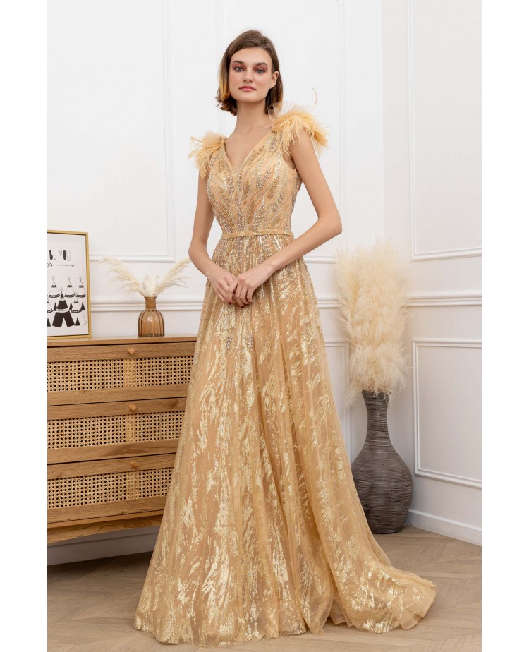 Robe de Cocktail Évasée en Tulle Souple Gold