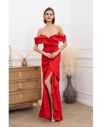 Robe de Cocktail Rouge Coupe Droite avec Fente et Traîne Drapée