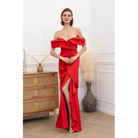 Robe de Cocktail Rouge Coupe Droite avec Fente et Traîne Drapée