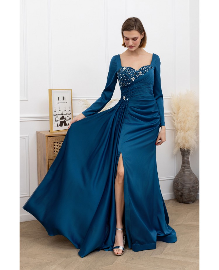 Robe de cocktail bleu petrol manches longues promarried