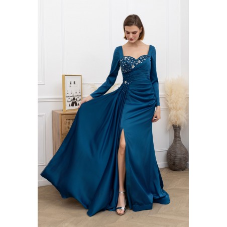 Robe de cocktail bleu petrol manches longues promarried