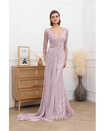 Robe de cocktail manches longues fourreau rose