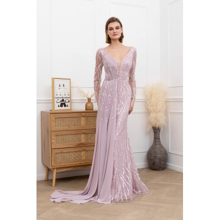 Robe de cocktail manches longues fourreau rose