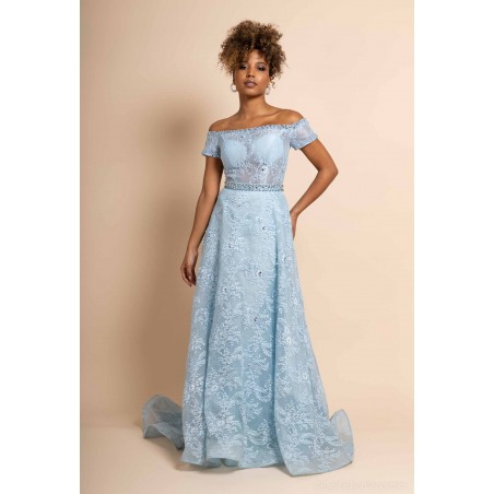 robe de cocktail bleu ciel en dentelle avec ceinture perlée