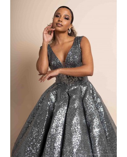 Robe de cocktail princesse grise scintillante avec sequins et coupe volumineuse Promarried