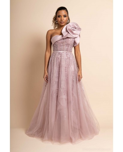 Robe de cocktail évasée rose avec fleur 3D