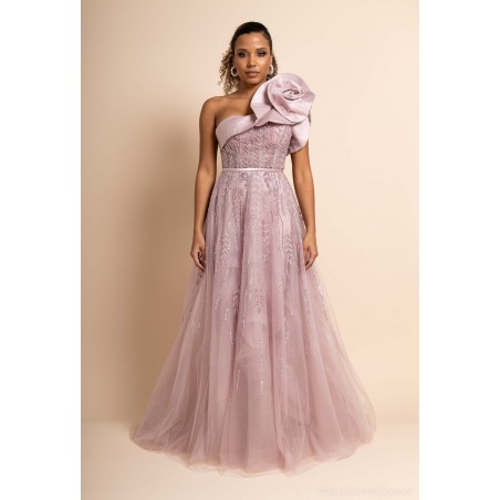 Robe de cocktail évasée rose avec fleur 3D