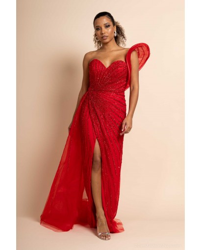 Robe de Cocktail Rouge – Coupe Fourreau & Perles Scintillantes