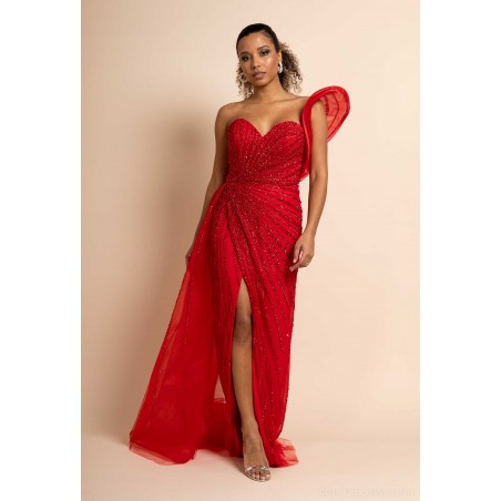 Robe de Cocktail Rouge – Coupe Fourreau & Perles Scintillantes