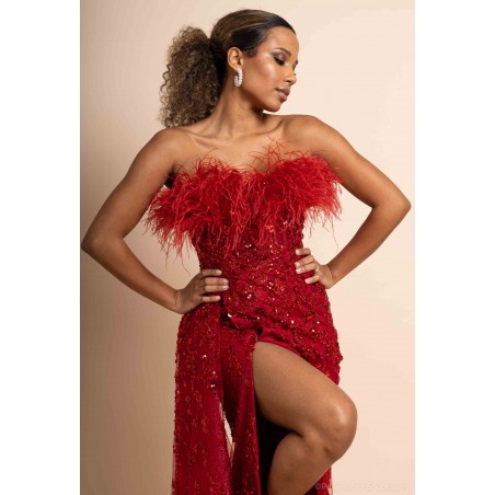 Robe de Cocktail Perlée avec Plumes Rouge