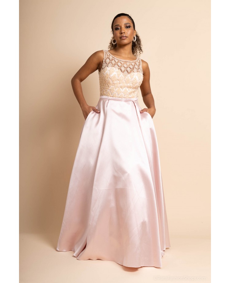 Robe de Cocktail Rose avec Jupe Évasée en Satin et Détails Perlés