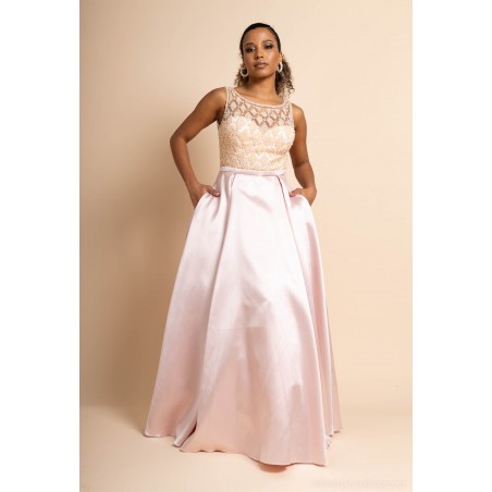 Robe de Cocktail Rose avec Jupe Évasée en Satin et Détails Perlés