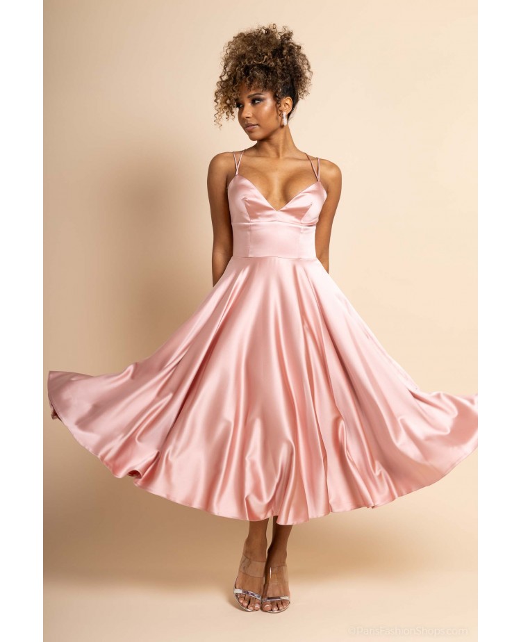 Robe de Cocktail rose en Satin Évasée midi PROMARRIED