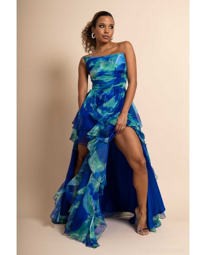 Robe de cocktail asymétrique imprimée bleu