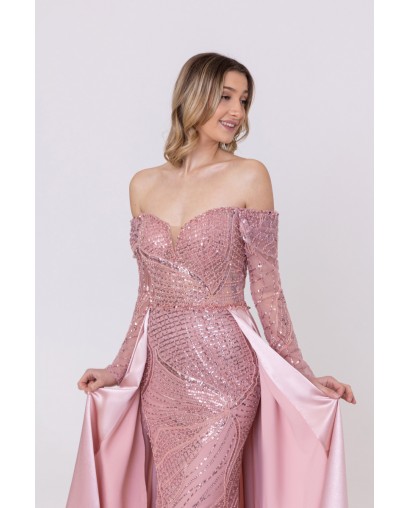 Robe de Cocktail Rose Scintillante Col Bardot avec Surjupe en Satin