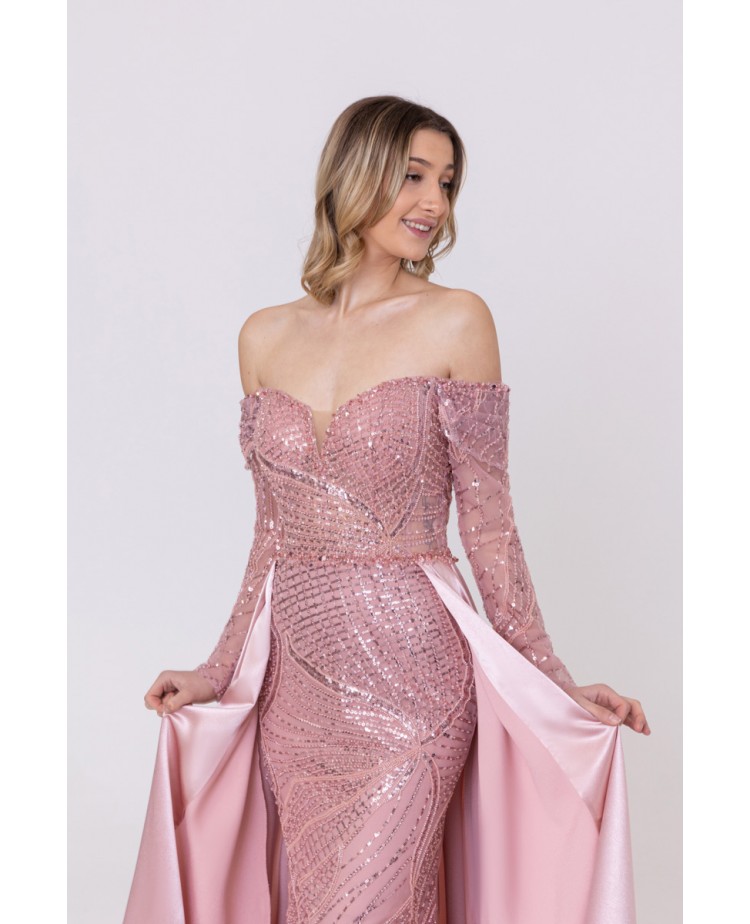 Robe de Cocktail Rose Scintillante Col Bardot avec Surjupe en Satin