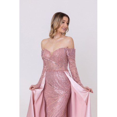 Robe de Cocktail Rose Scintillante Col Bardot avec Surjupe en Satin