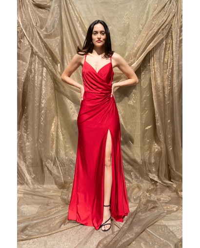 Robe de Soirée Rouge Moulante en Stretch avec Fines Bretelles, Drapé et Fente