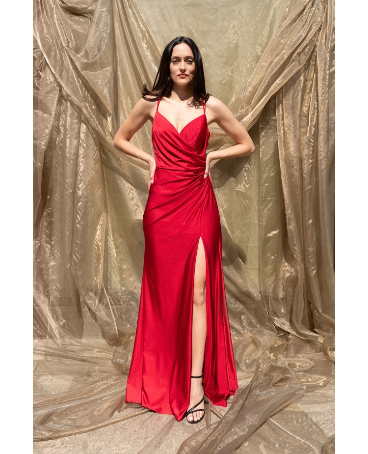 Robe de Soirée Rouge Moulante en Stretch avec Fines Bretelles, Drapé et Fente