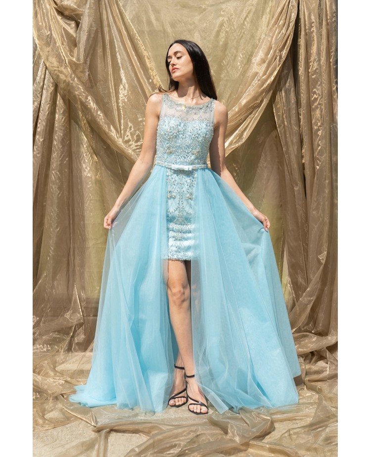 Robe de Cocktail Bleue Coupe Fourreau Perlée avec Surjupe en Tulle