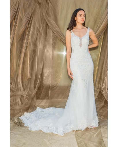 Robe de Mariée Sirène en Tulle avec Dentelle, Perles et Bretelles