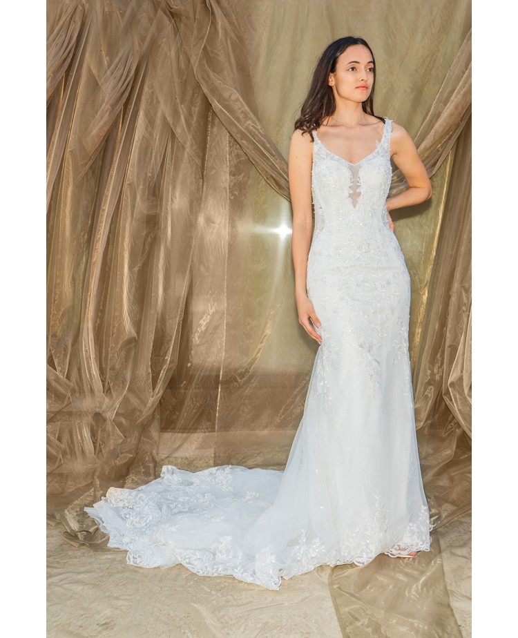 Robe de Mariée Sirène en Tulle avec Dentelle, Perles et Bretelles