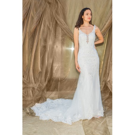 Robe de Mariée Sirène en Tulle avec Dentelle, Perles et Bretelles