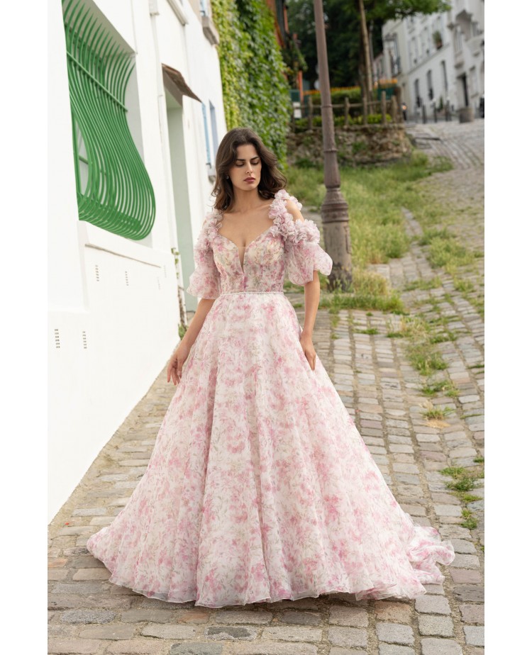 Robe de mariée princesse à imprimé floral rose – Romantisme bohème
