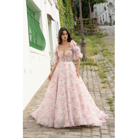 Robe de mariée princesse à imprimé floral rose – Romantisme bohème