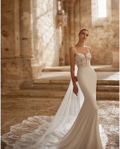 Robe de mariée en crêpe bi-élastique avec corsage en dentelle et sur-jupe