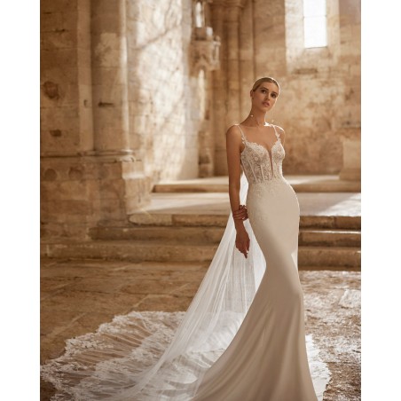 Robe de mariée en crêpe bi-élastique avec corsage en dentelle et sur-jupe