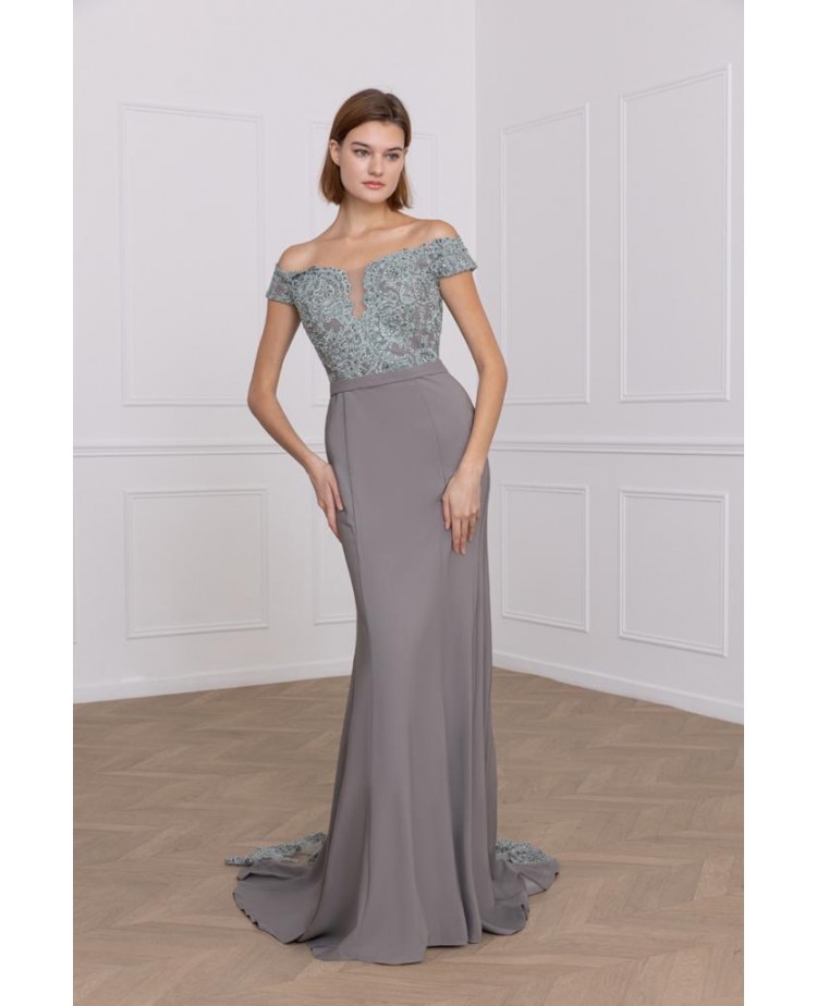 Robe de Cocktail Coupe Fourreau avec Haut en Dentelle et Jupe en Mikado- Promarried