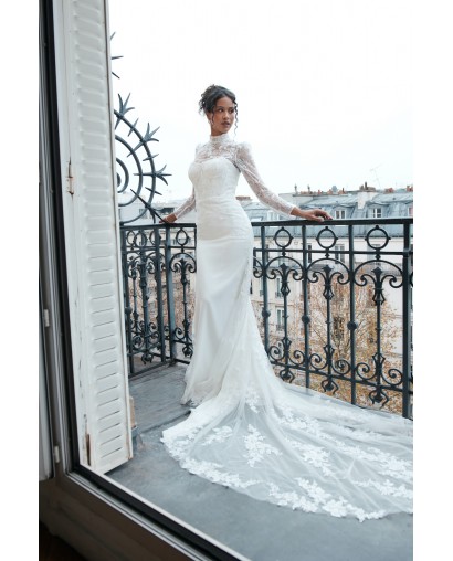 Robe de mariée Promarried – Dentelle couture manches longues & traîne florale