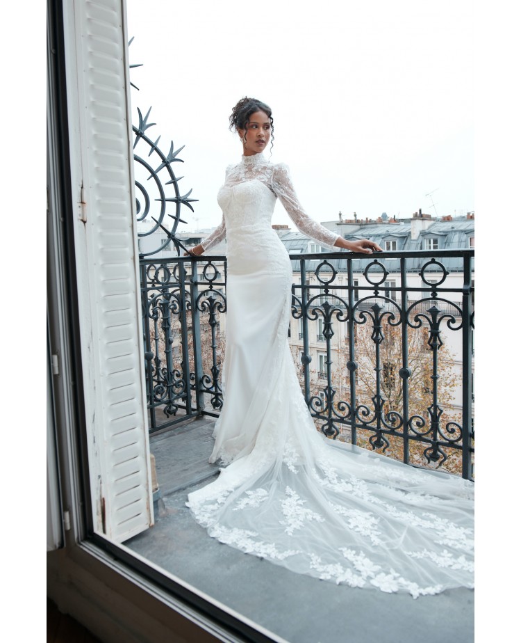 Robe de mariée Promarried – Dentelle couture manches longues & traîne florale