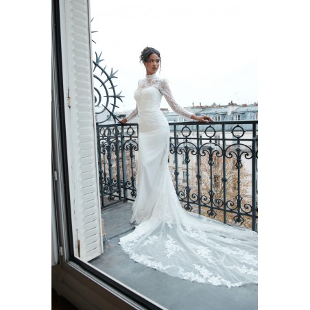 Robe de mariée Promarried – Dentelle couture manches longues & traîne florale