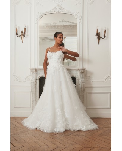 Robe de mariée A-line en tulle pailleté et fleurs 3D – Bretelles fines