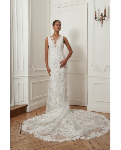 Robe de mariée sirène en dentelle – Dos illusion et traîne florale