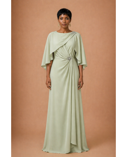 Robe drapée cape mousseline vert sauge Promarried