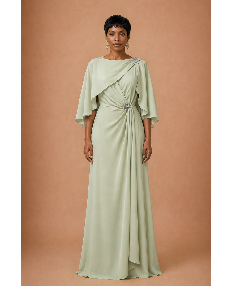 Robe drapée cape mousseline vert sauge Promarried