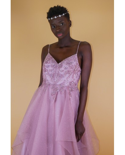 Robe longue évasée brides perlées promarried rose