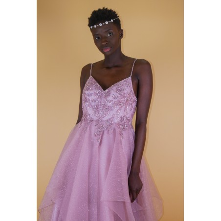 Robe longue évasée brides perlées promarried rose