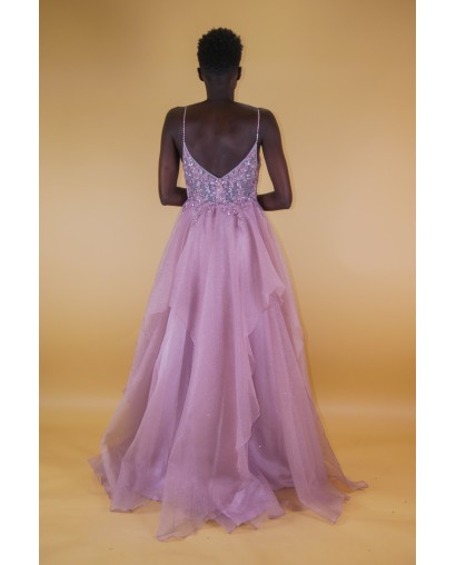 Robe longue évasée brides perlées promarried rose