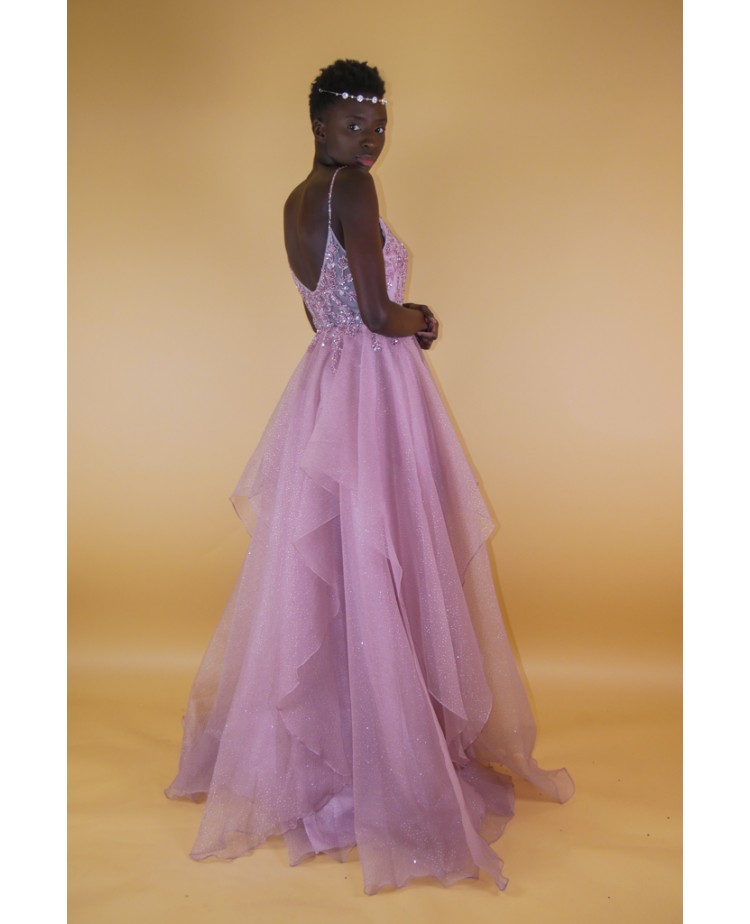 Robe longue évasée brides perlées promarried rose