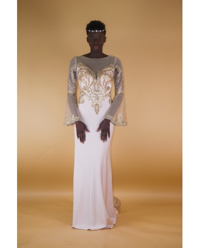 robes de soirée manches longue évasée rose