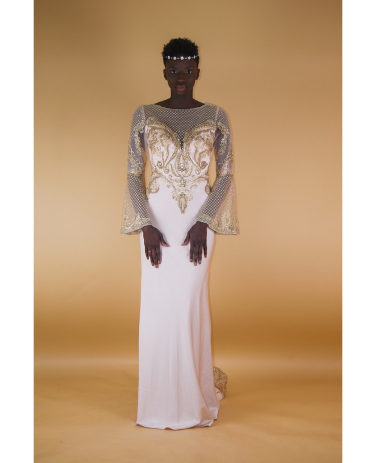 robes de soirée manches longue évasée rose